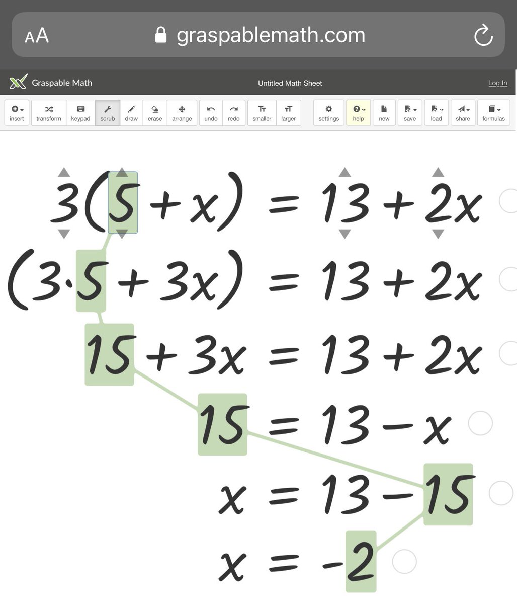 TimBrzezinski's tweet photo. One thing I accidentally forgot to show in my @GraspableMath #VirtualMath21 session 🤦♂️
If you click on a number when the SCRUB tool is selected (instead of dragging up & down to change it), GM will show you where & how this value affects each successive line. #MTBoS #ITeachMath https://t.co/iSkEhmqv8h