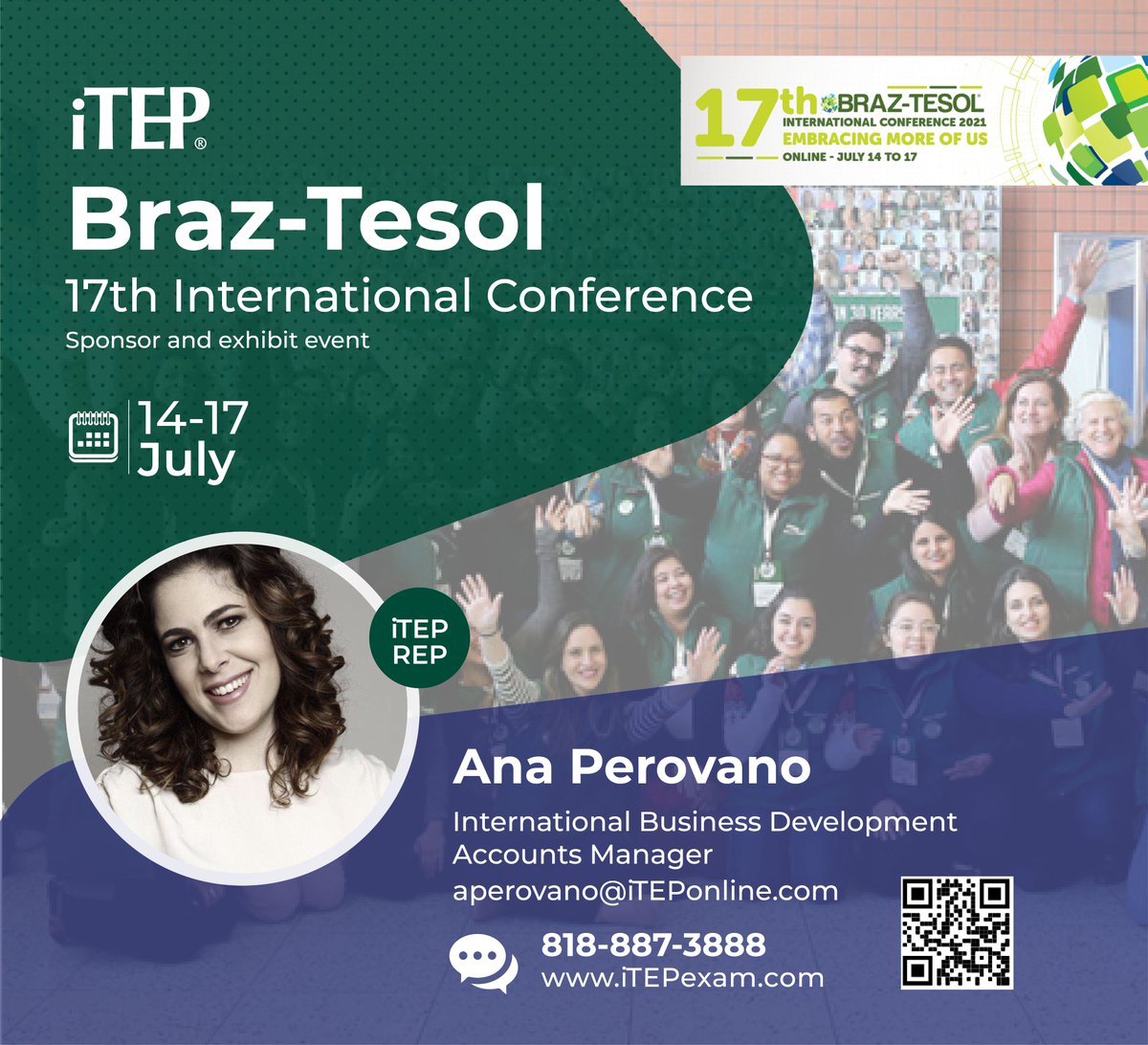 iTEP_exam's tweet photo. iTEP is proud to sponsor and exhibit at the BRAZ TESOL 17th International Conference from July 14-17. Stop by our virtual booth to speak to Ana Perovano and learn more about the iTEP English proficiency exams https://t.co/TbFHzneTKB

#itepbrazil #braztesol #englishtest https://t.co/mQplluC2r7