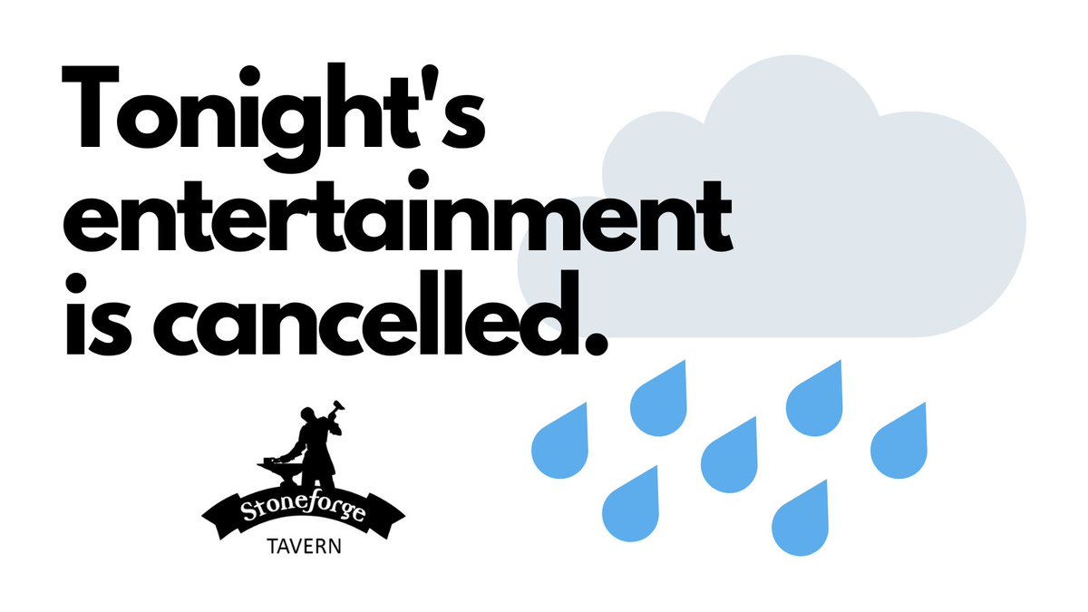 StoneforgeRnham's tweet photo. Jeff Navares will not be performing tonight. Due to . . . you guessed it, rain!
But, we have friendly, smiling faces ready to serve you in the Tavern. #letsgoout #forgeonraynham https://t.co/M6zwOeiXeU