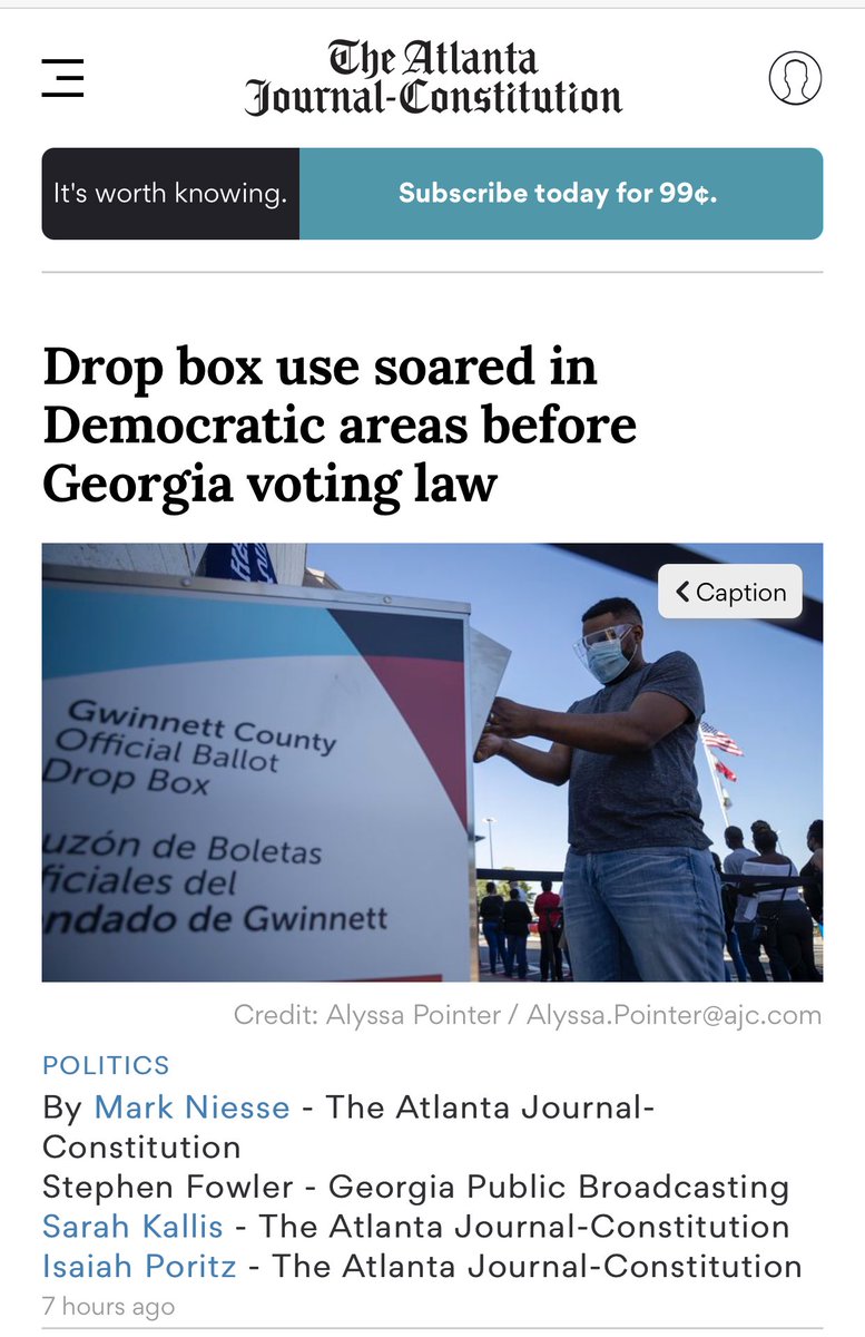 VernonForGA's tweet photo. I told you! The ⁦@ajc⁩ confirms what I’ve said from day one. Drop off boxes used in the 2020 &amp; 21 runoff elections were not written into the GA Statue. A direct undisputed violation of the constitution. Trump &amp; the two US senators won the election. ⁦@markniesse⁩ https://t.co/CedlKYFXoP