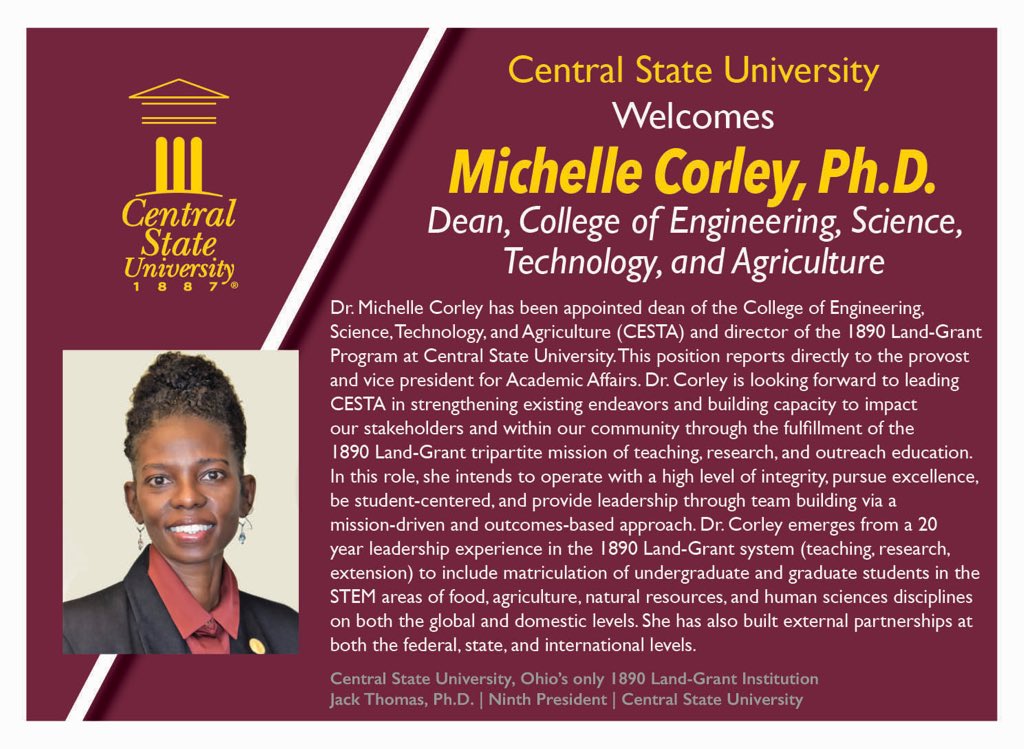 CentralState87's tweet photo. Central State University welcomes Dean, College of Engineering, Science, Technology, and Agriculture (CESTA), Dr. Michelle Corley! #CentralState87 #InnovationIsInOurDNA #ForGODForCENTRALForSTATE https://t.co/ixG54y61JY
