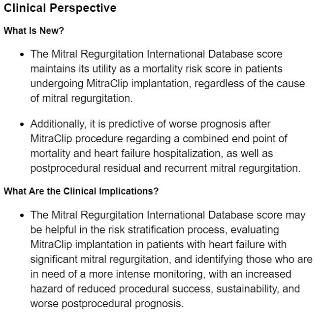 The Mitral Regurgitation International Database score maintains its utility as a mortality risk score in patients undergoing MitraClip implantation regardless of the cause of mitral regurgitation. ow.ly/uVqW50FrbBs #AHAJournals