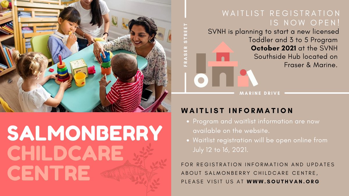 Waitlist registration is now open for Salmonberry Childcare Centre at SVNH Southside Hub! Please visit us at southvan.org/program_catego… for more information on the waitlist registration and Salmonberry Childcare Centre. 

#Childcare #Daycare