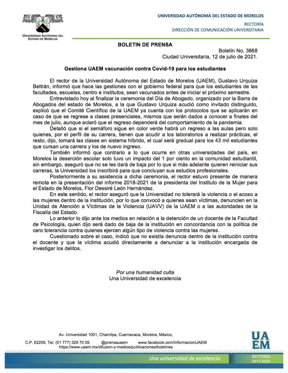 prensauaem's tweet photo. #BOLETIN Gestiona #UAEM vacunación contra Covid-19 para los estudiantes. @uaemorelos https://t.co/hJU3FUczhT https://t.co/Pj3xIRhAqc