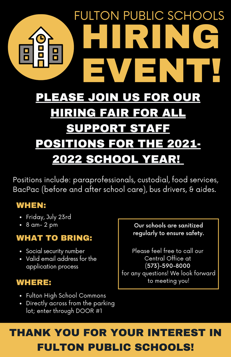 FPSHornets's tweet photo. Please join us on Friday, July 23 for our Support Staff Hiring Fair @ FHS! Positions include: paraprofessionals, custodial, food services, BacPac, bus drivers, &amp; aides. Please share this post and spread the word to everyone you know. Thank you all in advance! 🐝 https://t.co/lErXBau43M