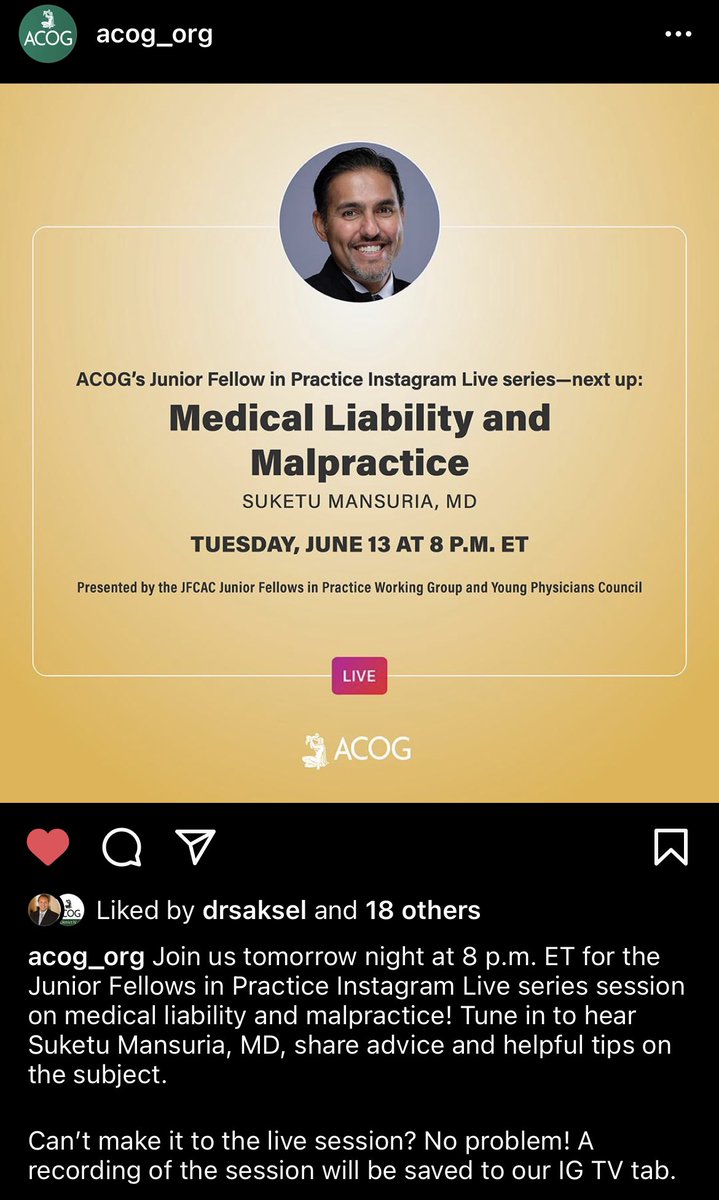 Join me tomorrow (7/13) at 8pm EST on @acog’s Instagram page as I chat with Dr. Suketu Mansuria on what Ob/Gyns need to know about #MedicalLiability! See you then 😊#obgyntwitter #medtwitter #becominganobgyn #acogJF #acogYP