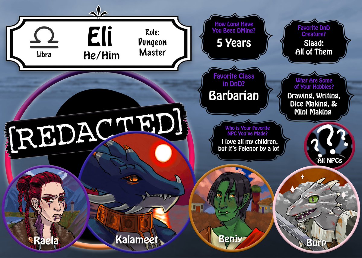 cohrdnd's tweet photo. And finally, meet the last of our crew! Meet Eli, our mysterious dungeon master who is the voice and mastermind behind our #cohrdnd adventure!

#whatlurksbelow #dndpodcast #dndart #dnd5e #ttrpg https://t.co/Mx7aIYnquJ