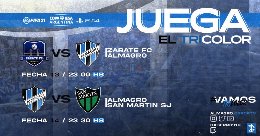 AlmagroeSports's tweet photo. #PS4 #FIFA21 

Hoy juega Almagro 🇧🇼 
🏆 Copa Argentina de @IESAFIFAar 

⏰ 23:00 🆚 #ZarateFC
 ⏰23:30 🆚 @SMSJeSports 

#VamosAlmagro
#VamosTricolor https://t.co/gqpe98KXas