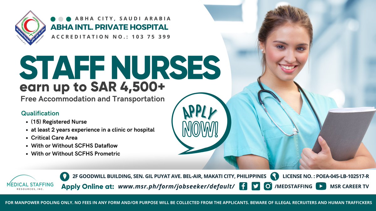 MedStaffingInc's tweet photo. APPLY NOW!! PRIVATE HOSPITAL 
https://t.co/5RZDSD095P

Employers Details
🏥Abha International Hospital
🗂 Accreditation No. 103 75 399
🇸🇦 Abha City, Kingdom of Saudi Arabia
👩‍⚕️Staff Nurse

#CareerOpportunities #NurseForKSA #PrivateHospital #StaffNurses https://t.co/Sz3wexeMIy