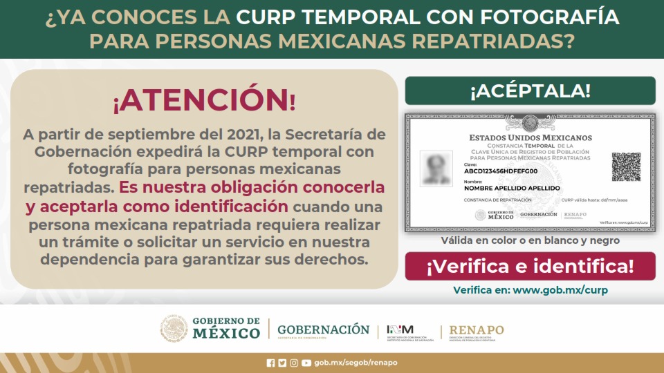 RocioGonzalezH8's tweet photo. La #CURPTemporal para las personas mexicanas repatriadas garantiza el #DerechoALaIdentidad sin distinción, en condiciones de igualdad para todas las personas, es un principio rector para que las y los connacionales retornados tengan la oportunidad de integrarse o reintegrarse. https://t.co/avXIWMCCWF