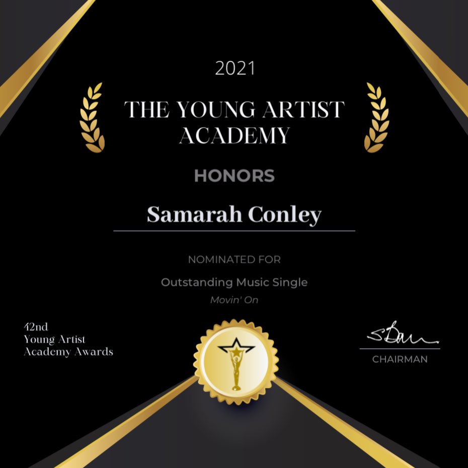 SamarahConley's tweet image. Thank you @YoungArtistAwds for the Outstanding Music Single nomination for my song Movin’ On.

Congrats to all of the nominees!
.
.
.
.
.
#42YAA #youngartistawards #recordingartist #singer #singersongwriter #musician #movinon #Spotify #spotifyplaylist #imwithtake3talent