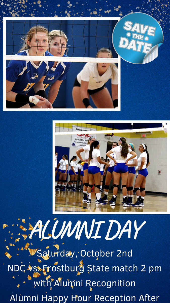 Save the Date NDCVB Alumni-  Join us for our Alumni Day on Saturday, October 2nd!    At 2:00 NDCVB will host Frostburg, and we would love to see our alums in the crowd.   After the match, we would love to have you for an Alumni Social at a local spot.    More information later!