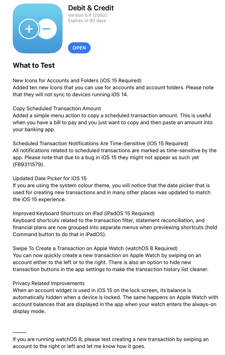 Time for beta testing! If you are running iOS 15 and watchOS 8, please try the new features. debitandcredit.app/beta/