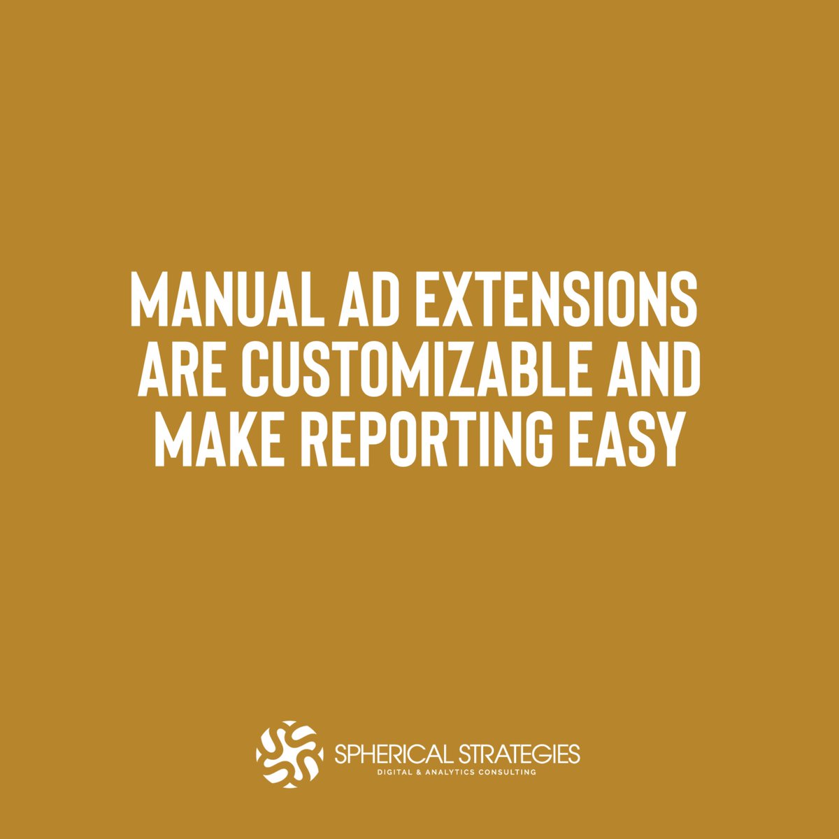 SphericalStrat's tweet photo. Manual ad extensions take a little more setup than automated extensions but are highly recommended because they are customizable and make reporting easy. Read more:
https://t.co/ZHfwcUwfM0
.
.
.
.
#marketing #digitalmarketing #sphericalstrategies #seo #socialmedia #adextensions https://t.co/QWlSYLadOn