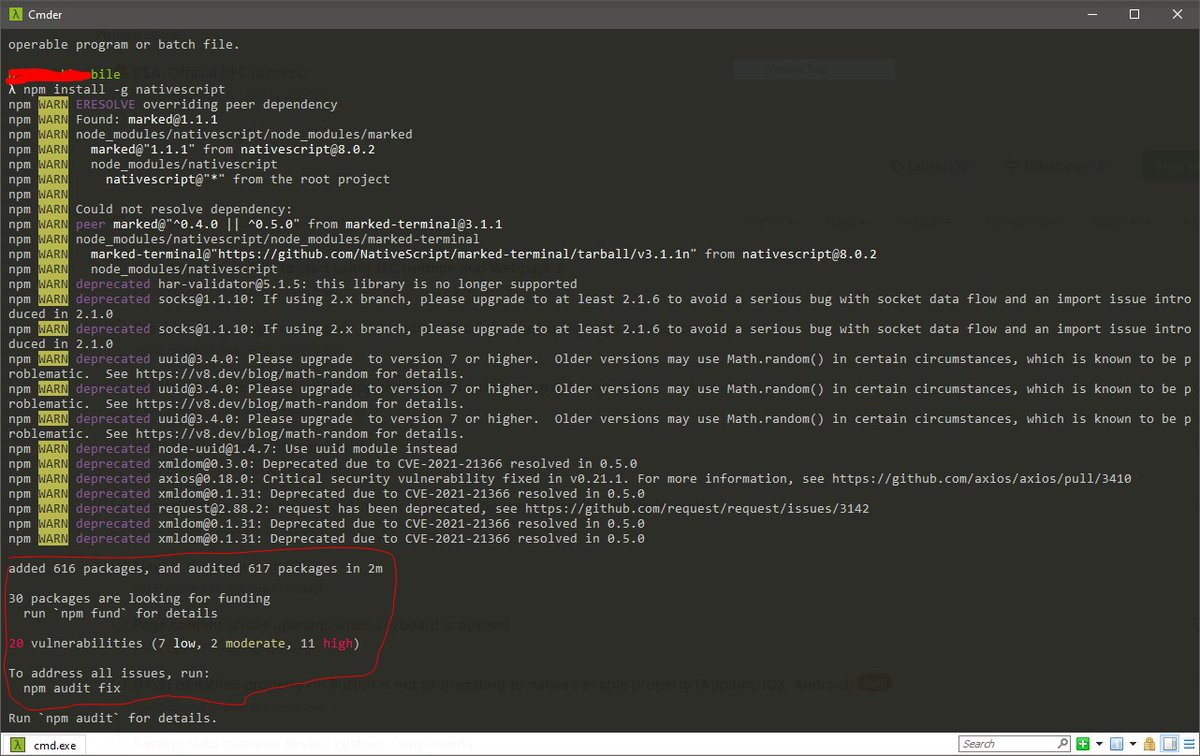 iKhaledB's tweet photo. Hi @NativeScript 
I was discovering your framework to build mobile apps with Vue.js
I tried to install your CLI and I got this report. Does this make sense? https://t.co/5rw3F290gd