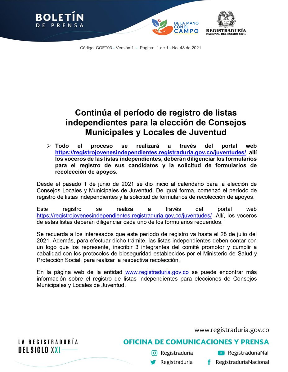 CaparrapiAlcald's tweet photo. Elecciones Consejos de Juventud 2021 ✅🇨🇴. Continúa el período de registro de listas independientes para la elección de consejos municipales y locales de juventud.

#DelamanoconelCampo https://t.co/9DsnuvMzn4