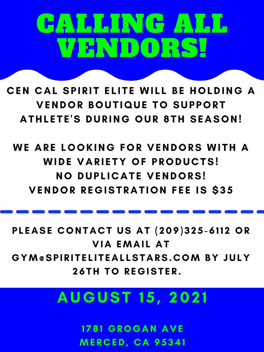 cencalspirit's tweet photo. Calling all vendors!! Come support the athletes of Cen Cal Spirit Elite in our 8th season!!! We’re accepting registrations now! We can’t wait to see your products at our event! Tag your favorite local vendor and contact us today to register!

#smallbusiness #shoplocal #vendorfair https://t.co/Fqtb8nfWzO
