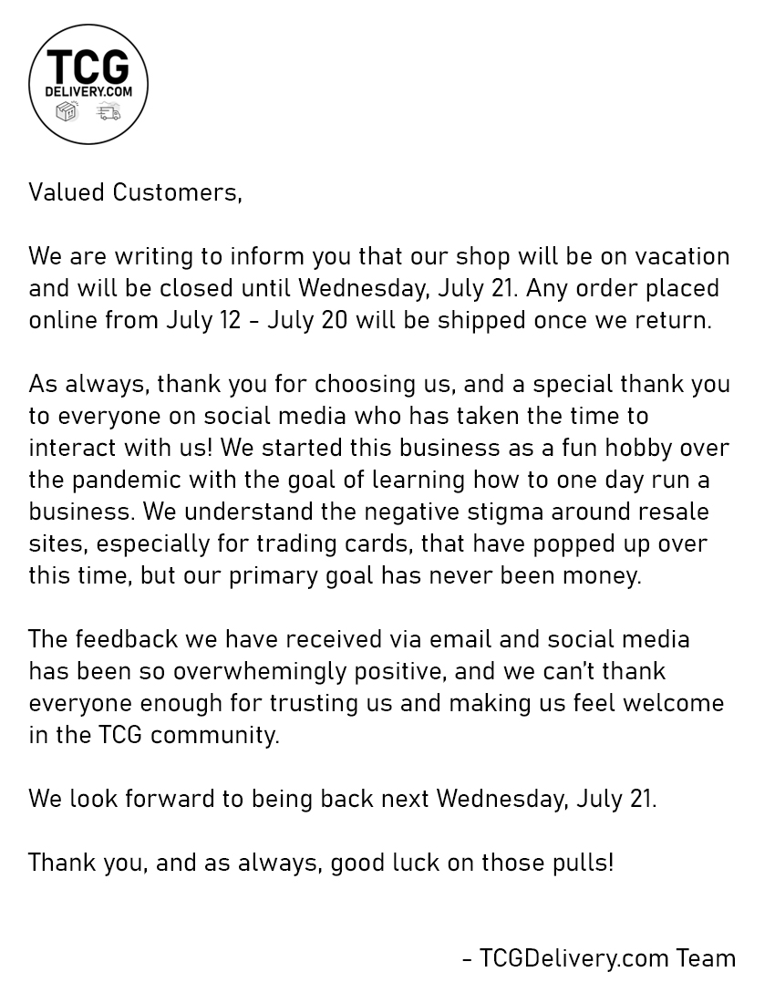 A letter to our customers. We'll be on vacation over the next week and returning July 21. Any order placed from now until July 20 will ship when we return.

Thank you and we wish you all the best until we come back! ❤️🍀