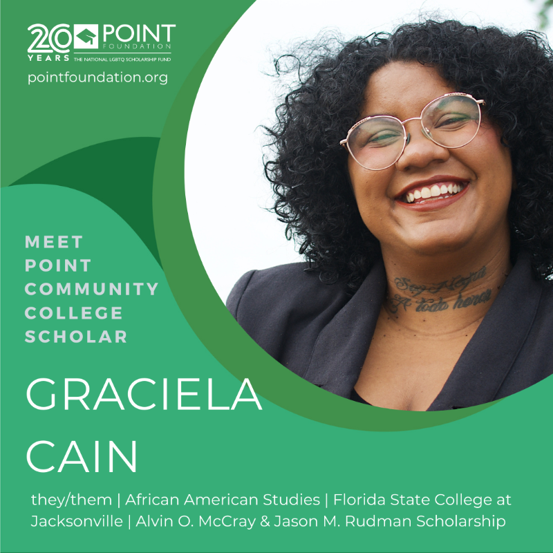 PointFoundation's tweet photo. Congratulations to 2021 #PointCommunityCollege Scholar Graciela Cain, who is working towards their associate degree in art at @FSCJ_Official and hopes to transfer to @GeorgiaStateU to major in African American Studies. 📚