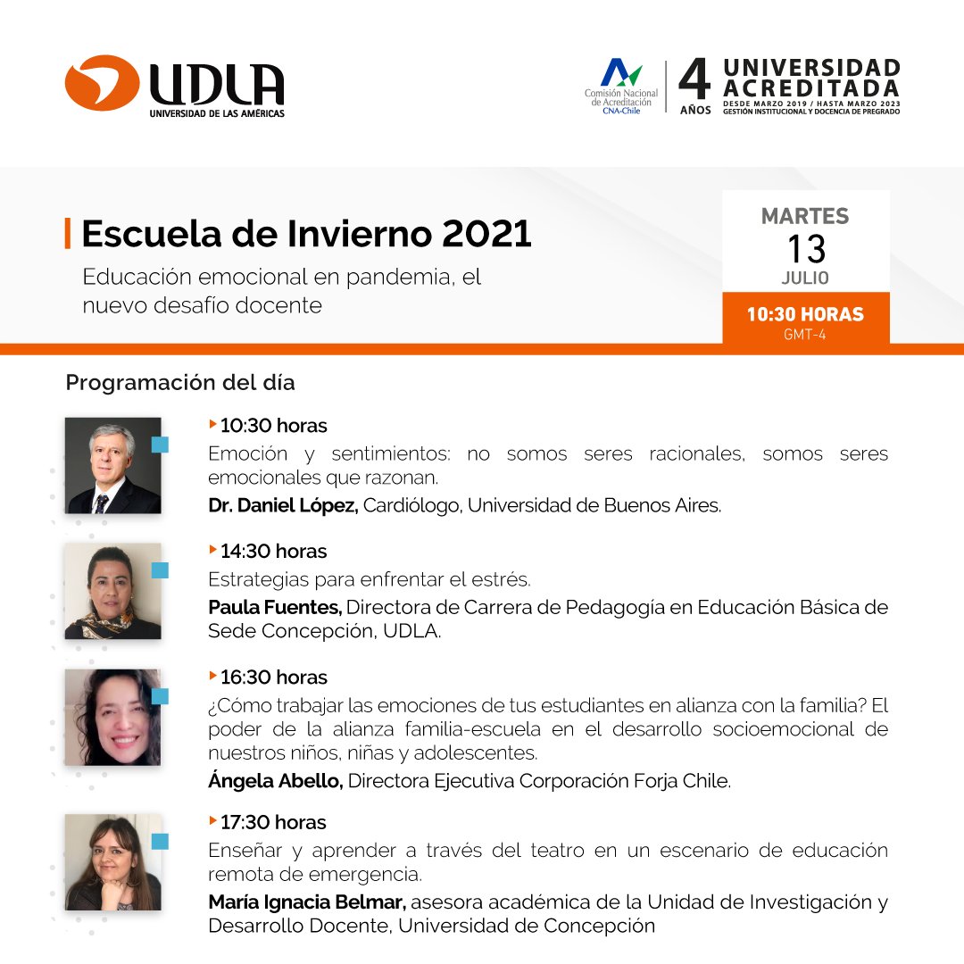 📌Atención, #profesores y profesionales de la #Educación: invitamos a inscribirse en forma gratuita en los talleres y charlas de la Escuela de Invierno UDLA: bit.ly/3dMWVjF 
🔸Día 1, martes 13 julio: Conferencia de <a href="/DrLopezRosetti/">Dr. López Rosetti</a>, autor libro “Emoción y Sentimiento”.