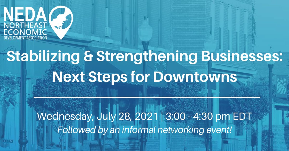 More great NEDA webinars!  Our panelists are Chris Kluchman, FAICP
MA DHCD; Anne Ball Program Director, Maine Downtown Center ; Eileen Riestra
Founder &amp; Principal, Depict Brands  buff.ly/3wBN7j4