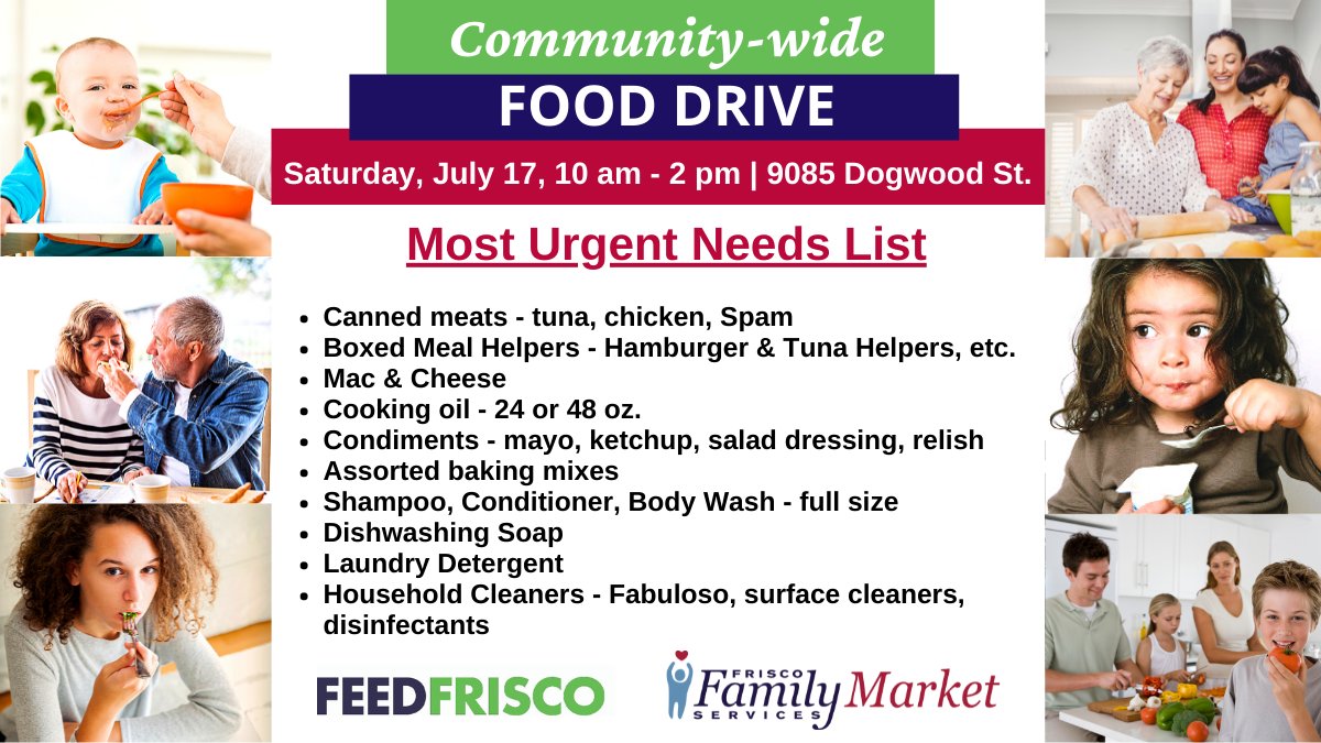 friscofs's tweet photo. It's that time again! Our biannual food drive is this Saturday, July 17th from 10am - 2pm!

Most needed items list: https://t.co/kafHwAlcy7

#friscofamilyservices #friscotx #communityfooddrive @FriscoPD https://t.co/CY9LA0jeFl