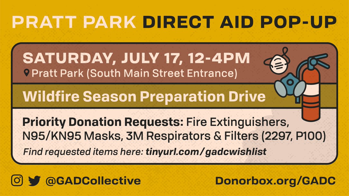 We’re continuing our Wildfire Season Preparation Drive at our next pop-up: Saturday, July 17, 12-4pm at Pratt Park!

🚨✨ We are still in need of donations for these supplies!

#SeattleProtests #Seattle #SeattleMutualAid #StopTheSweeps

(1/4)