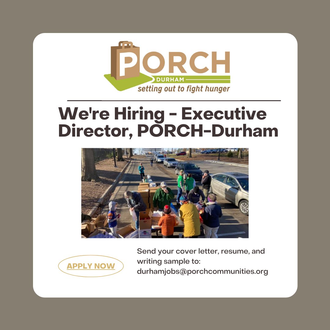 We are hiring - Executive Director for PORCH-Durham.

For more information, please see the job description (drive.google.com/file/d/1V4Z_t_…) and visit our website at porchcommunities.org/durham/about-u… . Posting will close on July 29th.