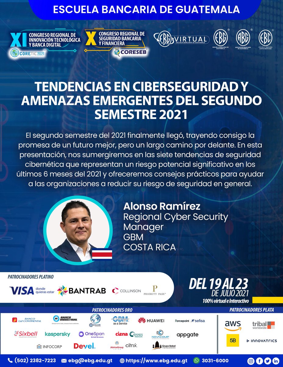ABG_EBG's tweet photo. #CORETIC y #CORESEB 2021

Alonso Ramírez
Regional Cyber Security Manager
GBM 
COSTA RICA

Estará exponiendo el tema: Tendencias en ciberseguridad y amenazas emergentes del segundo semestre 2021.

Inscribirte gratis: https://t.co/SSspt5Qhbz

#SomosEBG #ABG_EBG #EBGvirtual https://t.co/n0ZqiXG8rH