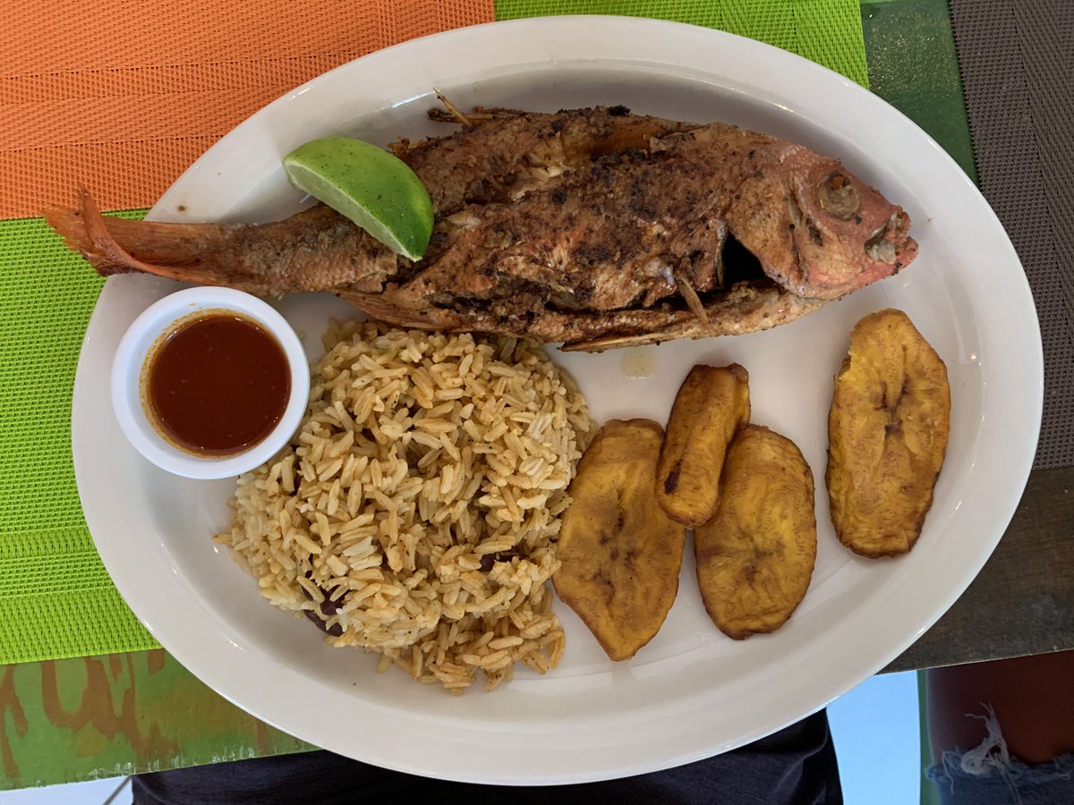 Great meal at the Coco Plum in downtown Oranjestad, Aruba! #RedSnapper #RedBeansAndRice #FriedPlantains