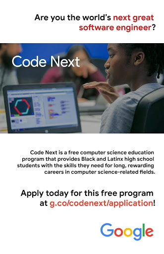 aliciac's tweet image. Looking for a free computer science education program for Black, Latinx and Native+ high school students? Look no further than @Google’s #CodeNext program -- our applications are open, and the deadline to apply is July 28, 2021! Visit g.co/codenext! #google #coding