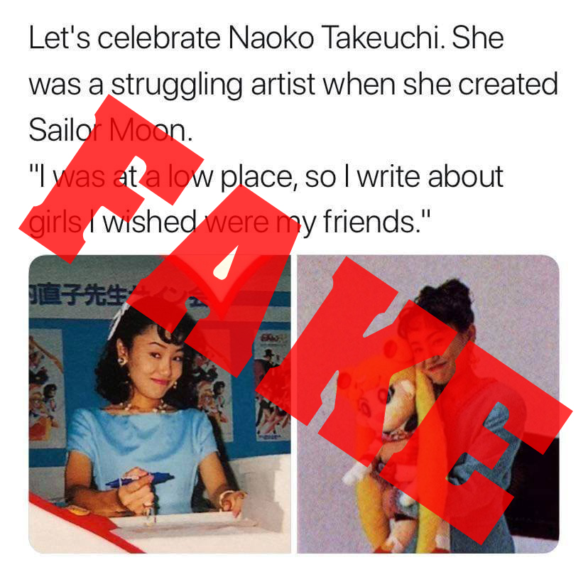 A meme with a quote saying Naoko Takeuchi was a struggling artist with no friends, and the text "FAKE" plastered over it.