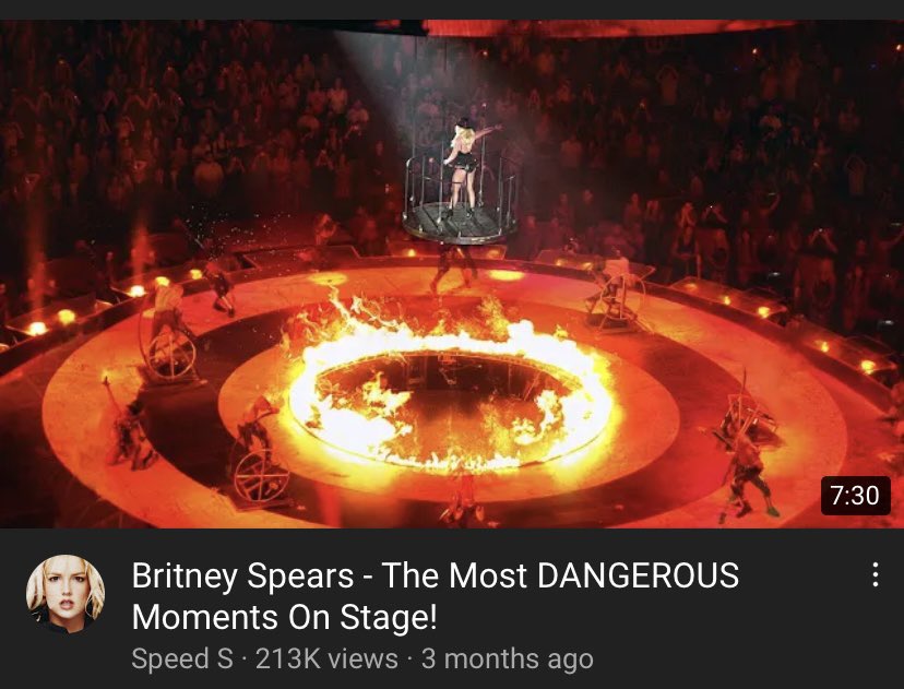 BritneyDoll7's tweet photo. So I just watched this video. It amazes me how the cship team claims she had dementia and yet after the cship was established in 2008, she was dancing in a ring of fire, hanging on ropes, flying on dancers’ bodies, etc. how does a dementia patient do that #FreeBritney https://t.co/AseYPVAmj3
