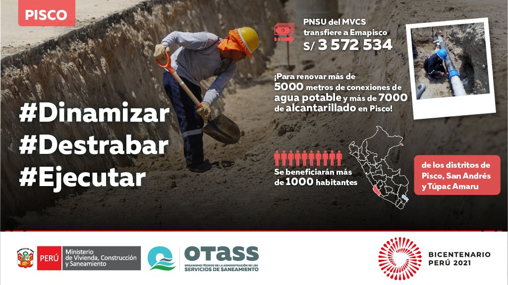 OtassPeru's tweet photo. #Emapisco 💦 Más de mil habitantes de los distritos de #Pisco, San Andrés y Túpac Amaru serán beneficiados con la renovación y nuevas conexiones domiciliarias de #agua potable y #alcantarillado. 👏👏 https://t.co/5BGnBlcLgr