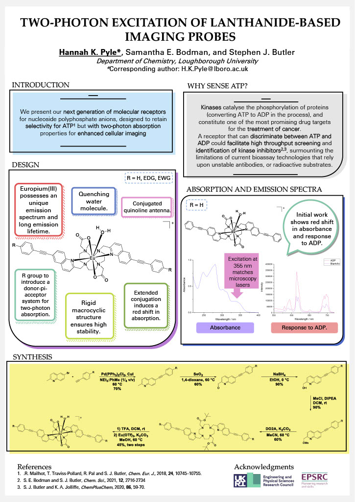 HannahKPyle's tweet photo. Lanthanide-based imaging probes that can be sensitised by two-photon excitation?! Check out my #ISMSCPoster detailing my research with @SamanthaBodman and @Steve_JButler at @LboroScience. Delighted to answer any questions! @ISMSC2021 #poster39 https://t.co/cZQtzGngg8