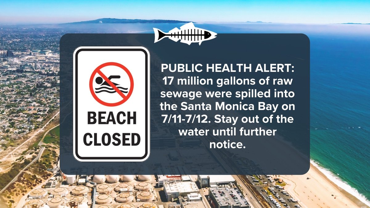HealTheBay's tweet image. PUBLIC HEALTH ALERT: 17 million gallons of raw sewage were spilled into the Santa Monica Bay on 7/11-7/12. Dockweiler State Beach and El Segundo Beach are closed to the public. We recommend staying out of the water. We'll keep you updated as we learn more.
healthebay.org/july-2021-sewa…
