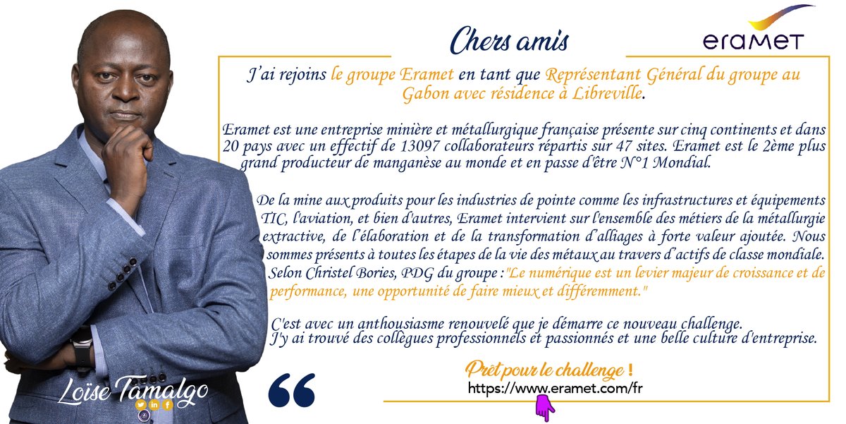 LoiseTAMALGO's tweet photo. Fier de démarrer mon nouveau  #challenge avec le @GroupeEramet. Je mesure la teneur du challenge et ensemble nous ferons des exploits.
 #kebetu  #lwili  #eagleye  #Gabon https://t.co/7hRLggLjKN