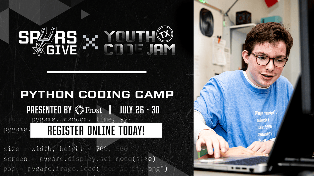 spurs_way's tweet photo. Calling all intermediate and rising beginner coders📢
Come learn to code with Python during this FREE 5-day #CodingCamp🧑💻👩💻
Register➡️ https://t.co/rvfpYaYAWi
#YouthCodeJam | @FrostBank https://t.co/8c2Don8ZpP