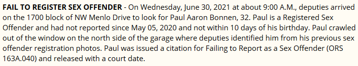 CVAgainstFash's tweet photo. Heads up Corvallis!

neo-Nazi pedophile Paul Bonnen is back in town and has failed to register as a sex offender. He was contacted by police on the 1700 block of NW Menlo, where he appears to be staying. He has also been reported hanging around the 7-11 on kings. https://t.co/CnECQ2LY6h