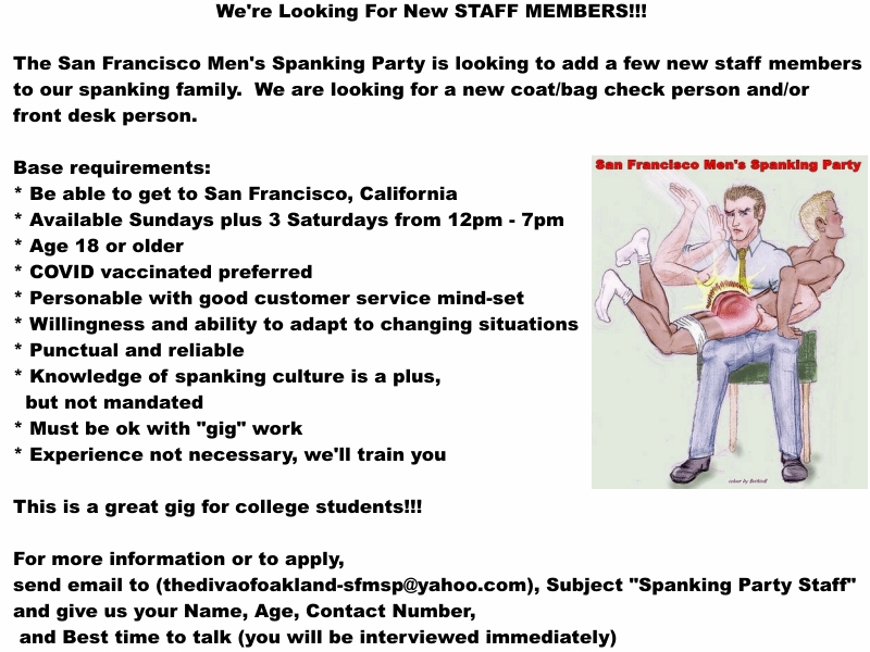 SFMenSpankParty's tweet photo. We're looking for a new coat/bag check person and/or front desk person for our spanking parties!!!

For more information or to apply, click on the ad below. https://t.co/sYvPtW3kAB