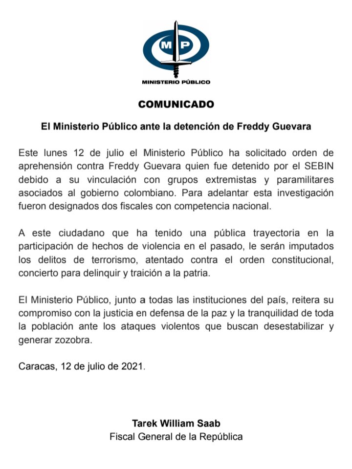 🚨 COMUNICADO 🚨

@TarekWiliamSaab: Ministerio Público @MinpublicoVE ante la detención el día de hoy de @FreddyGuevaraC  por parte del Sebin- anuncia lo siguiente: 

#CapturadoKokiMariguanita   

@LuchaAztecaAAA 
@Mippcivzla 
@MijalTereshkov1 
@fotoecocultura