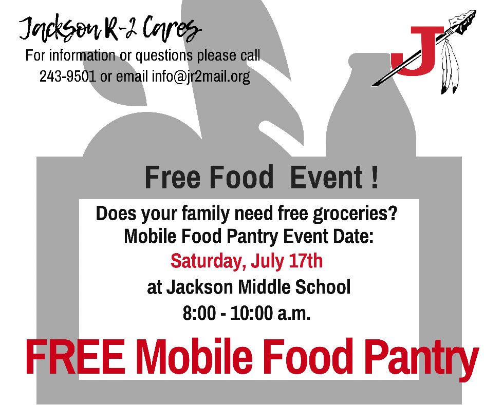 Need food? Saturday, 8:00-10:00 AM at Jackson Middle School. Come early!! #JR2Cares