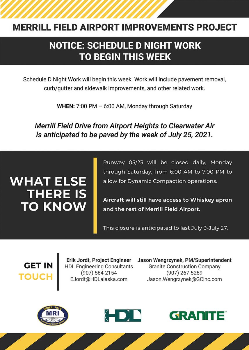 AlaskaDOTPF's tweet photo. From our friends at #MerrillField: information about the night work scheduled this week for the Merrill Field Airport Improvements Project. ✈️ 👷 https://t.co/djU8OML7Pl