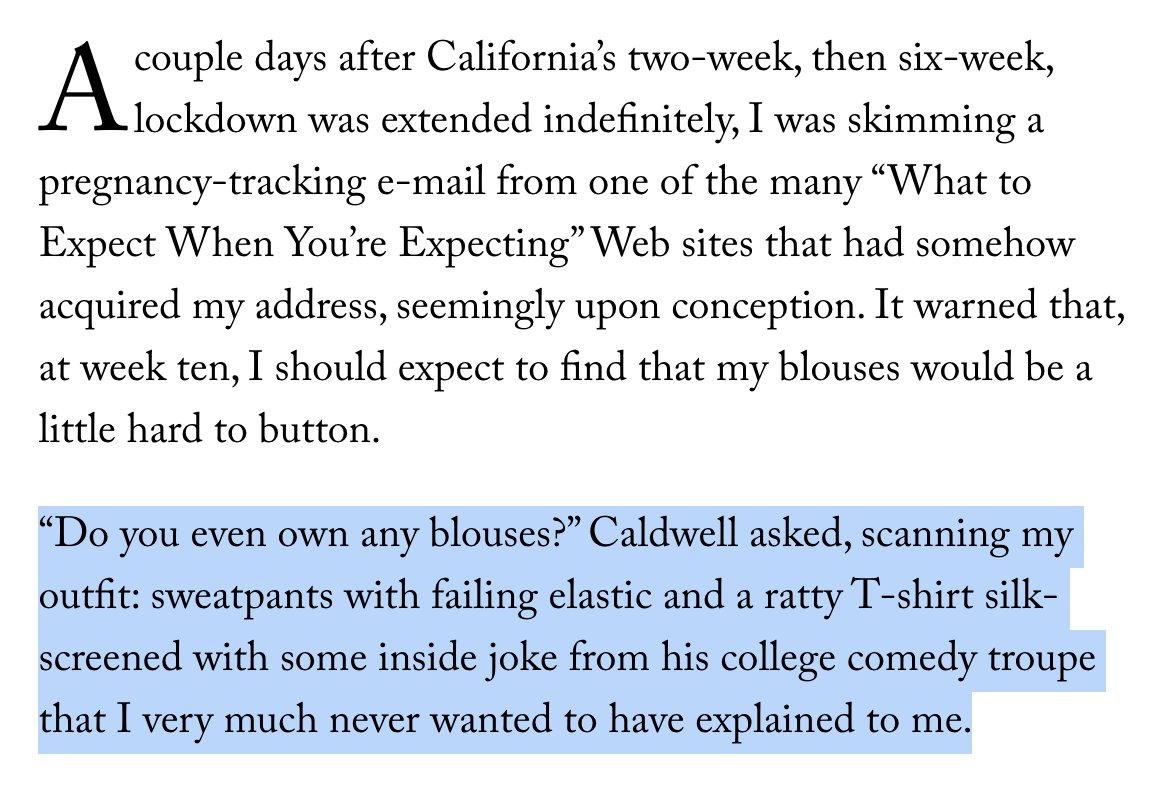 caldy's tweet image. My incredible wife Susanna wrote an essay for the New Yorker about her experience being pregnant during a global pandemic. It's simultaneously harrowing, hilarious, and an absolute self-own on us both. 

Read it here! - newyorker.com/culture/person…