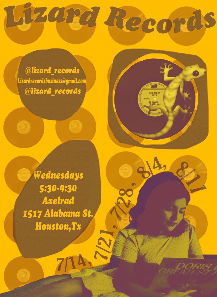 Hey Houston peeps, my daughter's vintage vinyl record summer business <a href="/RecordsLizard/">Lizard Records</a> will have a vendor booth at <a href="/axelradhouston/">Axelrad</a> this Wed. 7/14 for Jazz night.  She has a ton of different artist and everything is priced to sell! Please stop by to take a look or just to chat. 1/2