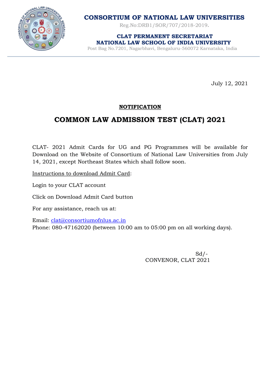 theopusway's tweet photo. CLAT- 2021 Admit Cards for UG and PG Programmes will be available for Download on the Website of Consortium of National Law Universities from July 14, 2021, except Northeast States which shall follow soon.
#CLAT2021 #CLATExam #CLATAdmitCard #Consortiumofnlus https://t.co/k241Xo7Q7O