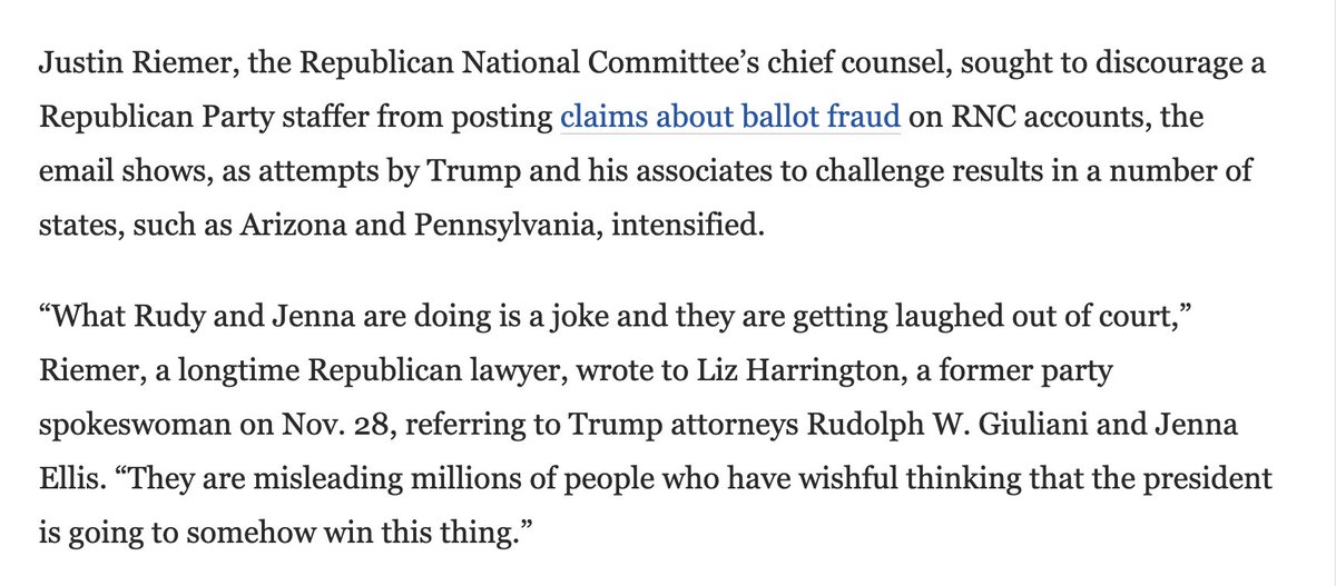 KFILE's tweet image. Washington Post: The RNC's chief counsel called efforts to overturn the election by Rudy Giuliani and Jenna Ellis "a joke."

washingtonpost.com/politics/rnc-t…