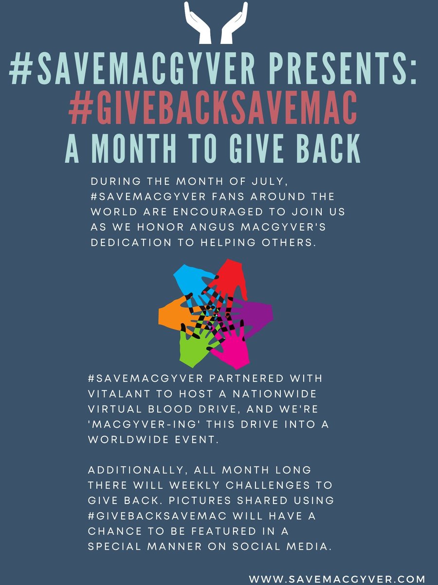 WritesMom's tweet photo. #MondayVibes is helping us to spread the word! A virtual worldwide blood drive! Information can be found here: https://t.co/9R4vziUEsP
We would love #FandomSupport from all over, and hope that more people will help us #SpreadLove and #SaveLives
#GiveBackSaveMac #SaveMacGyver https://t.co/A24Z6ZXuaa