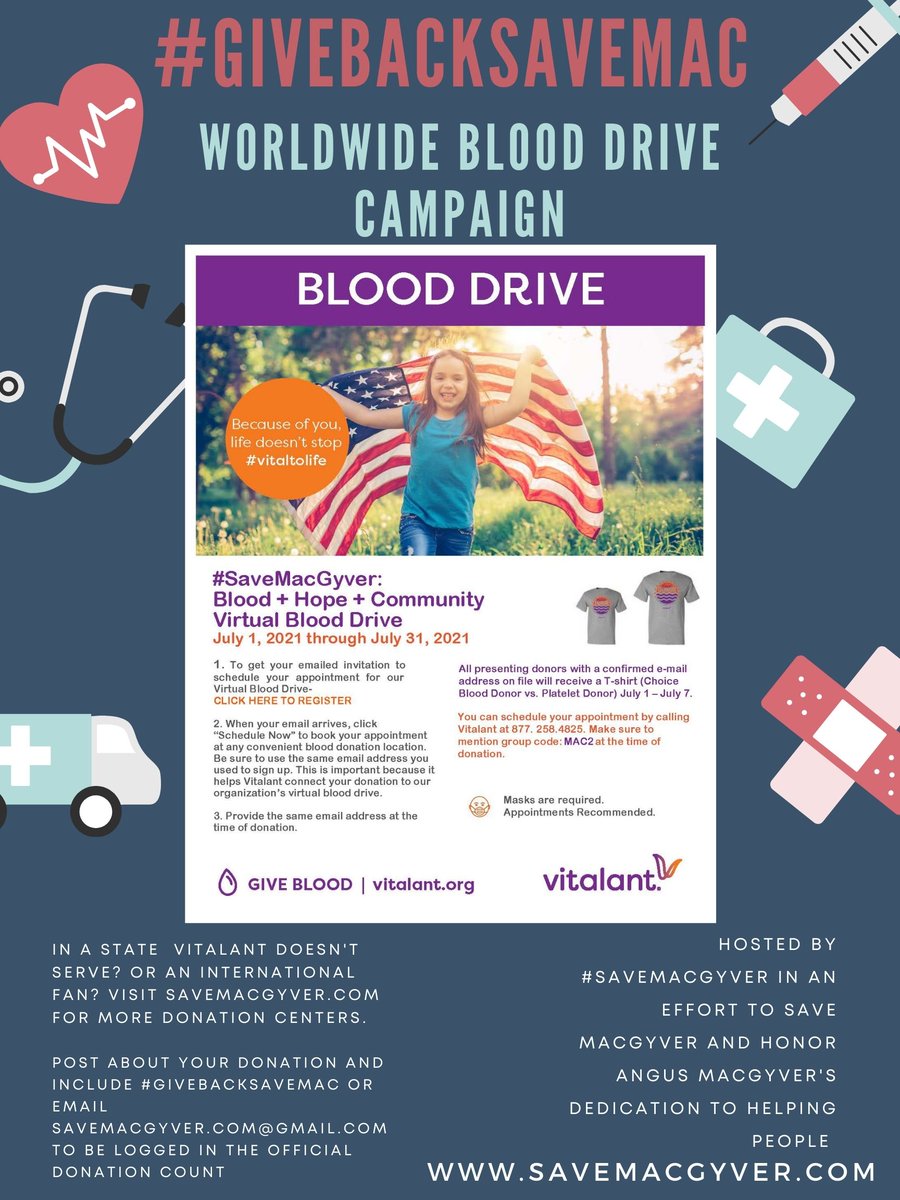 WritesMom's tweet photo. #MondayVibes is helping us to spread the word! A virtual worldwide blood drive! Information can be found here: https://t.co/9R4vziUEsP
We would love #FandomSupport from all over, and hope that more people will help us #SpreadLove and #SaveLives
#GiveBackSaveMac #SaveMacGyver https://t.co/A24Z6ZXuaa