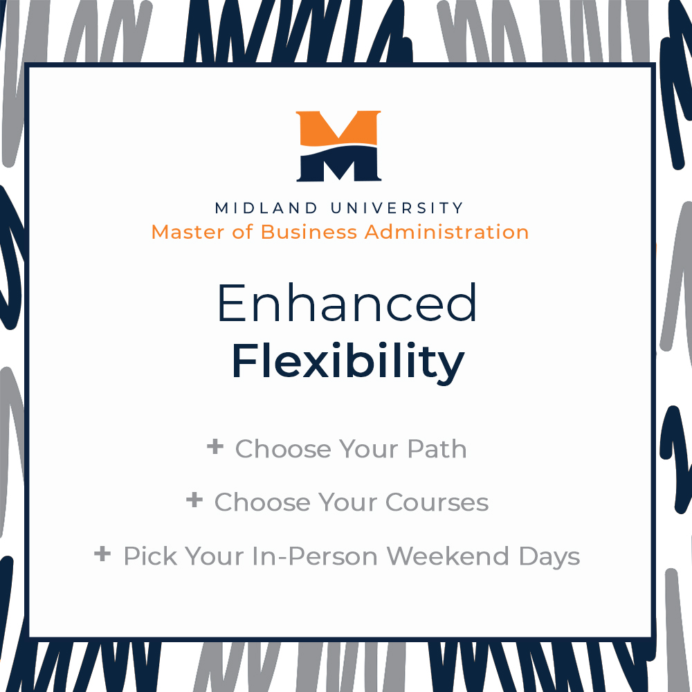 MidlandMBA's tweet photo. With the enhanced flexibility of our MBA program, you can choose your path, your courses and pick your in-person weekend days. Our MBA lets busy working professionals go to school when it's convenient for them! Explore what else our program has to offer >> https://t.co/2lRLiKG46n https://t.co/tAeyg6L6TG